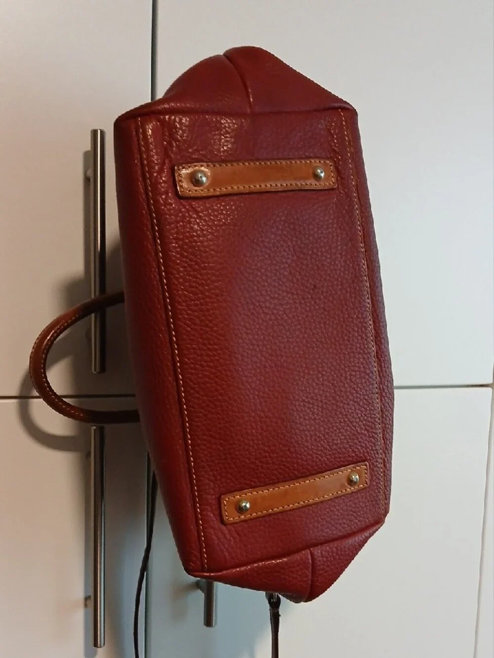 Dooney & Bourke Burgundy Pebbled Leather Satchel with Tan Accents
